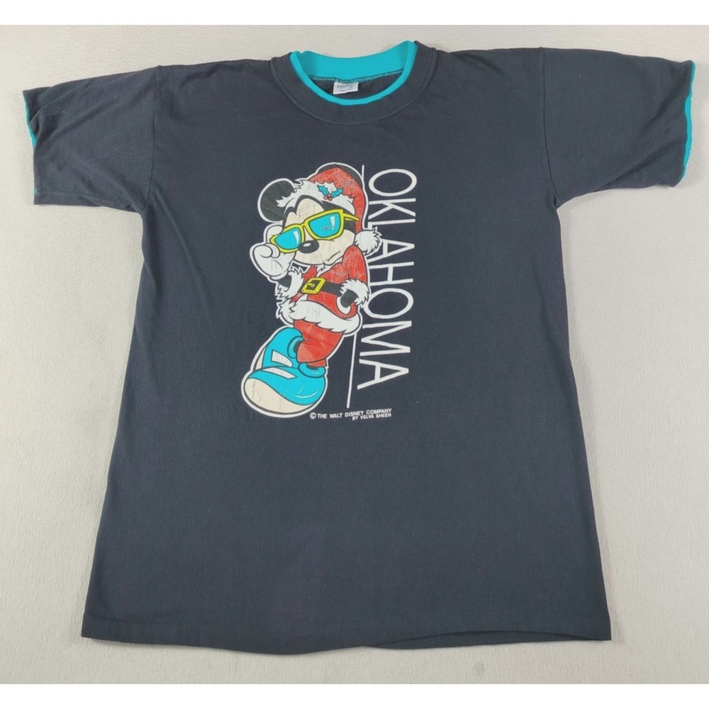 Vintage Velva Sheen Mickey Shirt Mens Medium Blue Oklahoma Christmas Disney USA